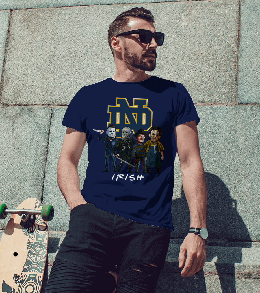Notre Dame Fighting Irish Halloween With Famous Horror Slasher Characters T-Shirt