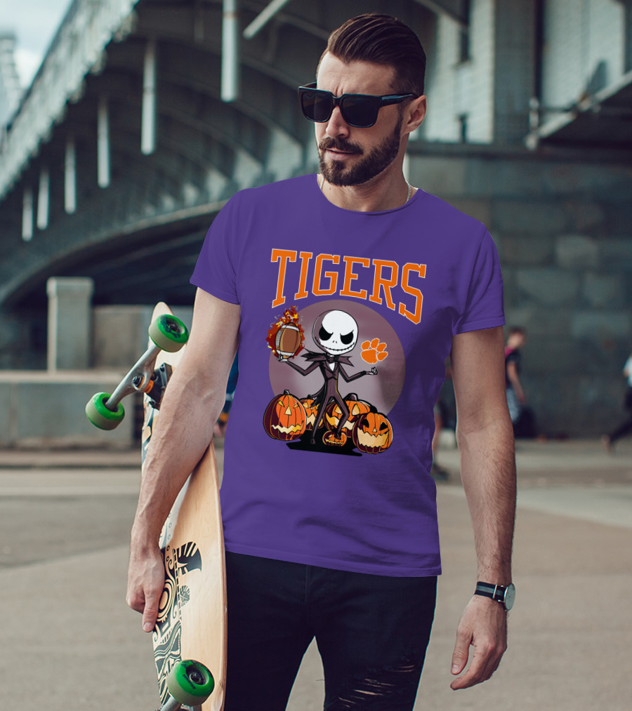 Tigers Jack Skellington Clemson Halloween Football And Pumpkins T-Shirt