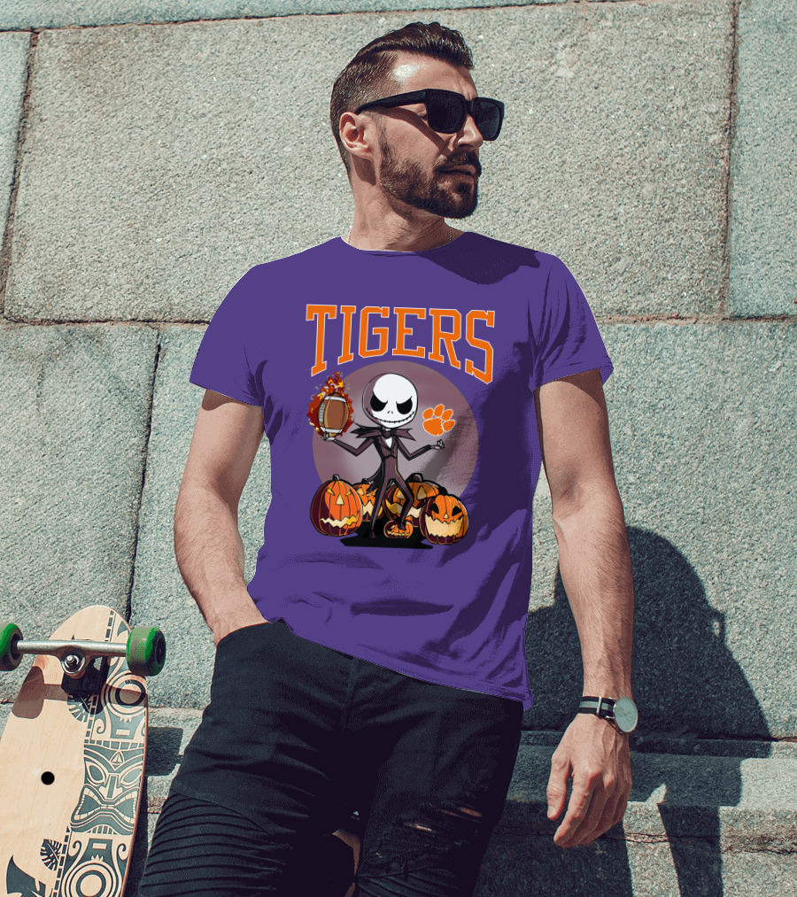 Tigers Jack Skellington Clemson Halloween Football And Pumpkins T-Shirt