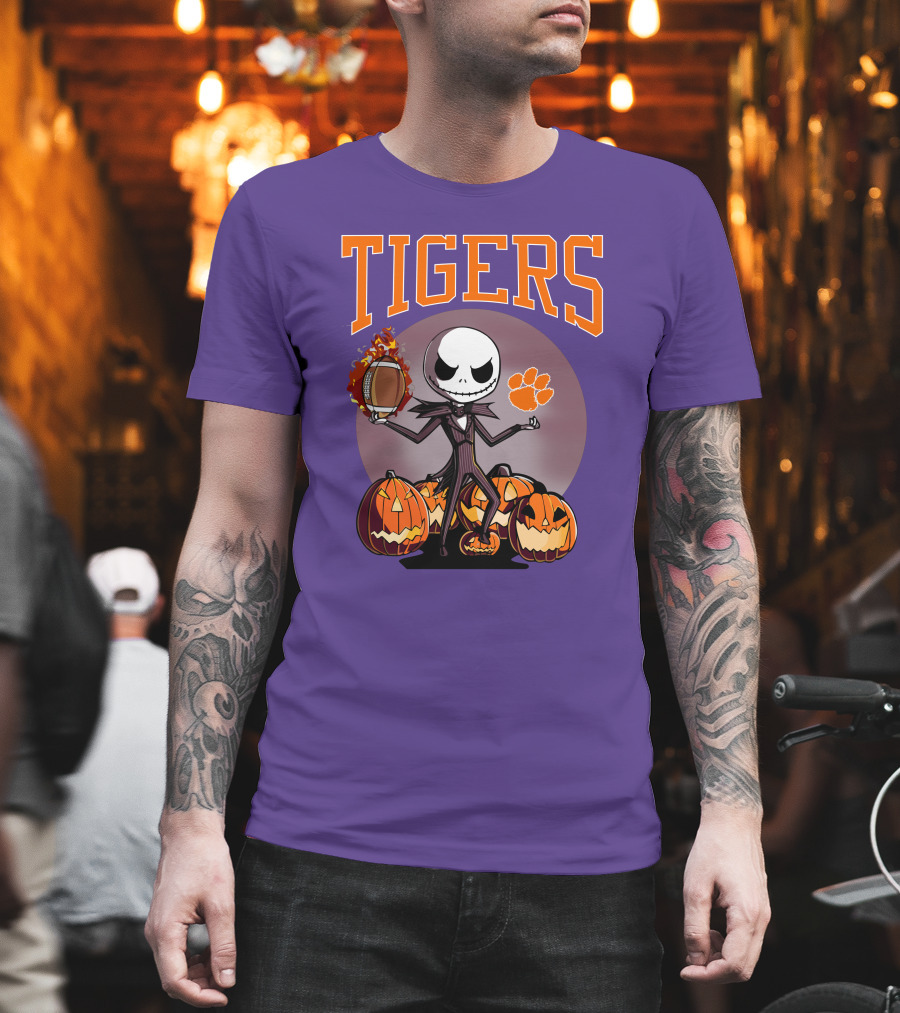 Tigers Jack Skellington Clemson Halloween Football And Pumpkins T-Shirt