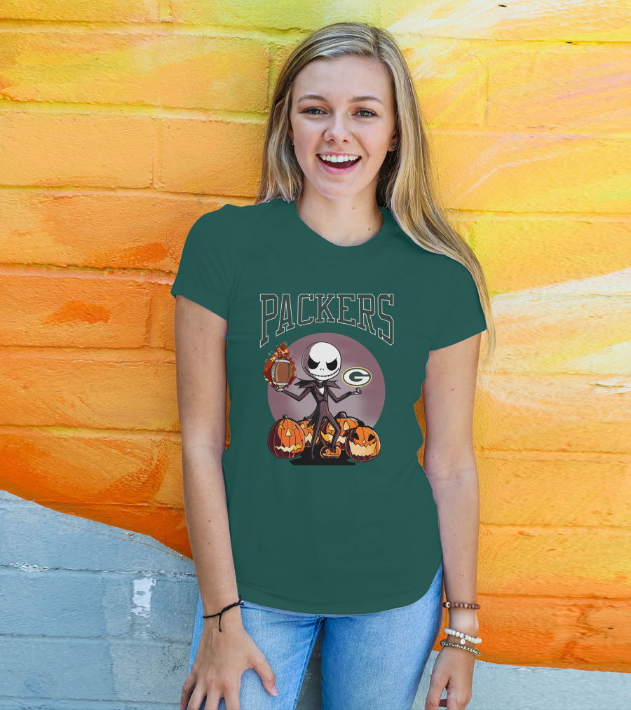 Packers Green Bay Jack Skellington Halloween Football Pumpkins T-Shirt