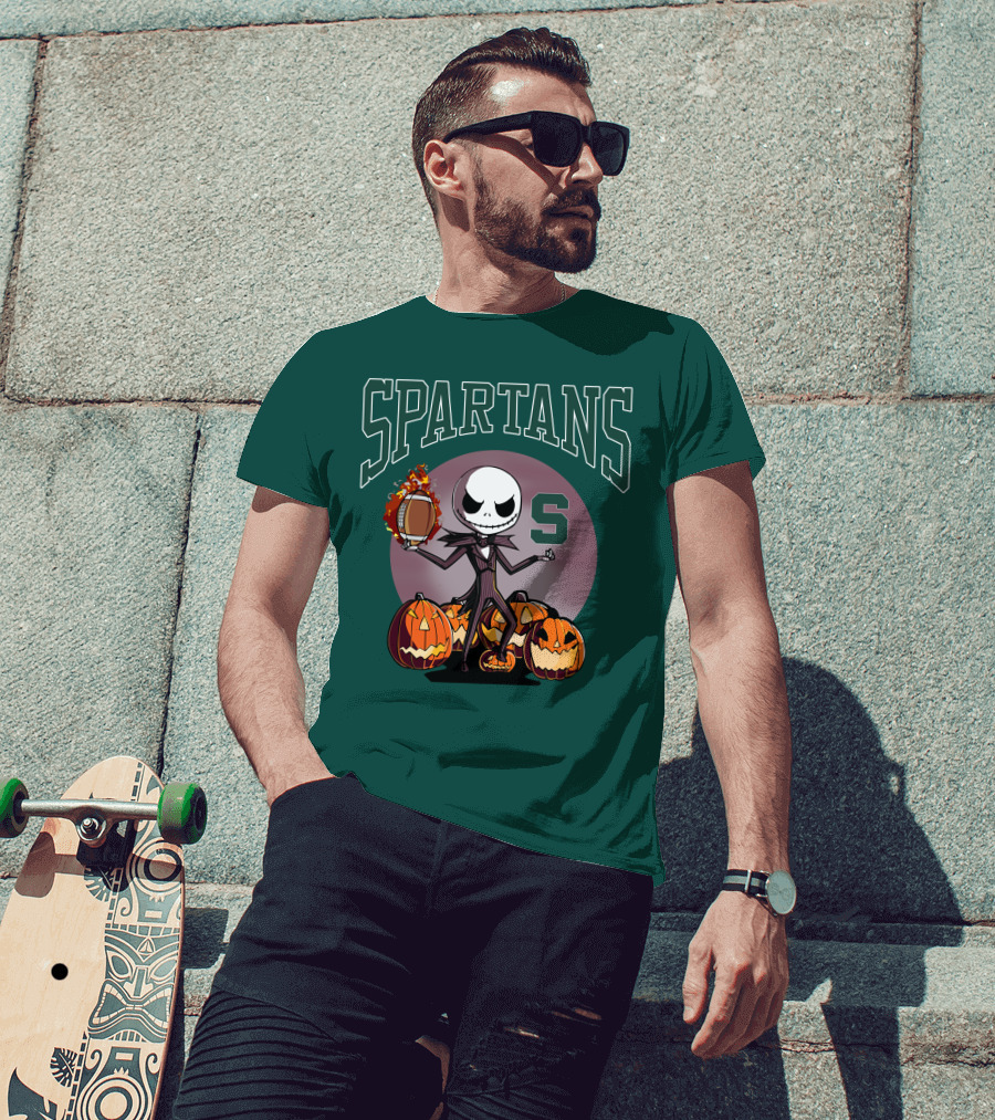 Michigan State Spartans Jack Skellington Football Halloween Pumpkins T-Shirt
