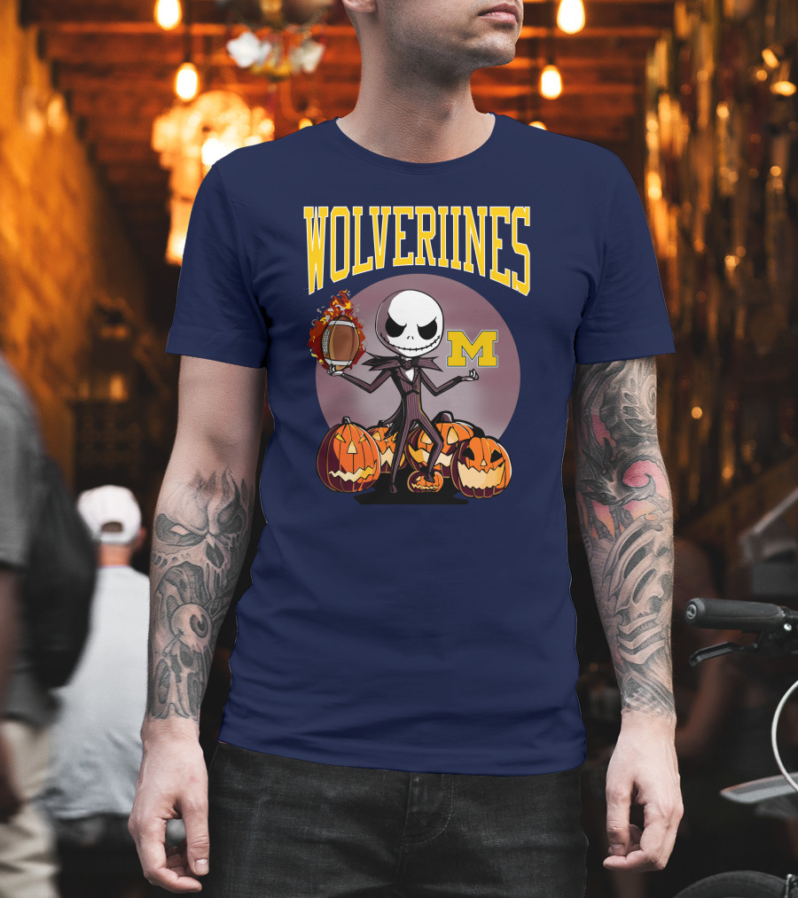 Michigan Wolverines Halloween Jack Skellington Football Pumpkins T-Shirt