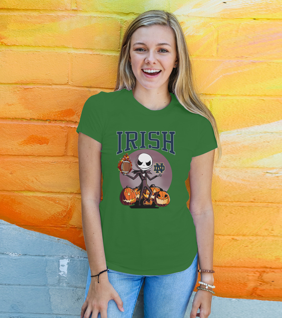 Irish Notre Dame Jack Skellington Halloween Football Pumpkins T-Shirt
