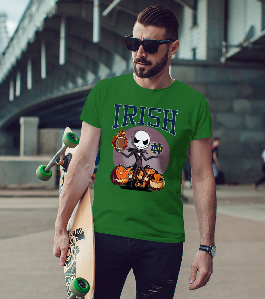 Irish Notre Dame Jack Skellington Halloween Football Pumpkins T-Shirt