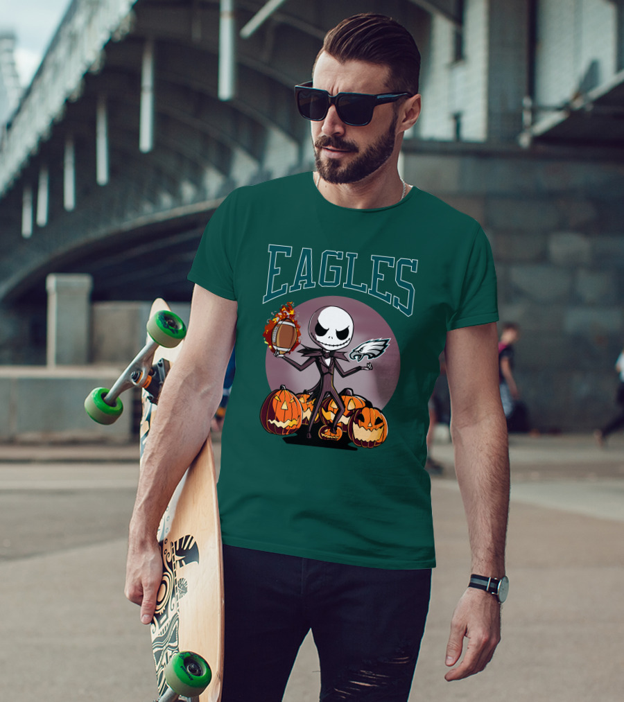Philadelphia Eagles Jack Skellington Halloween Football Pumpkins T-Shirt