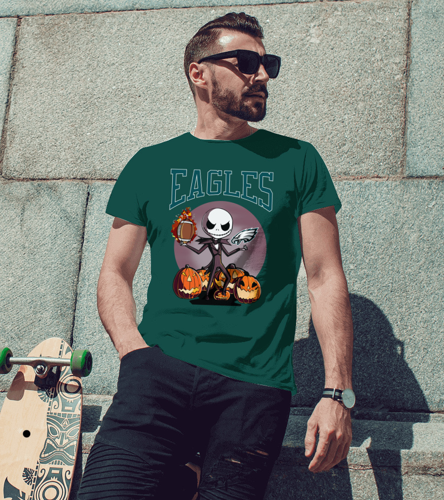 Philadelphia Eagles Jack Skellington Halloween Football Pumpkins T-Shirt