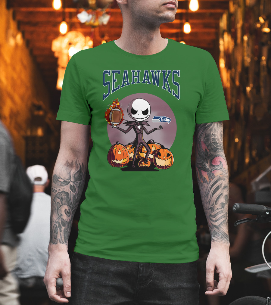 Seattle Seahawks Jack Skellington Halloween NFL Football Pumpkins T-Shirt