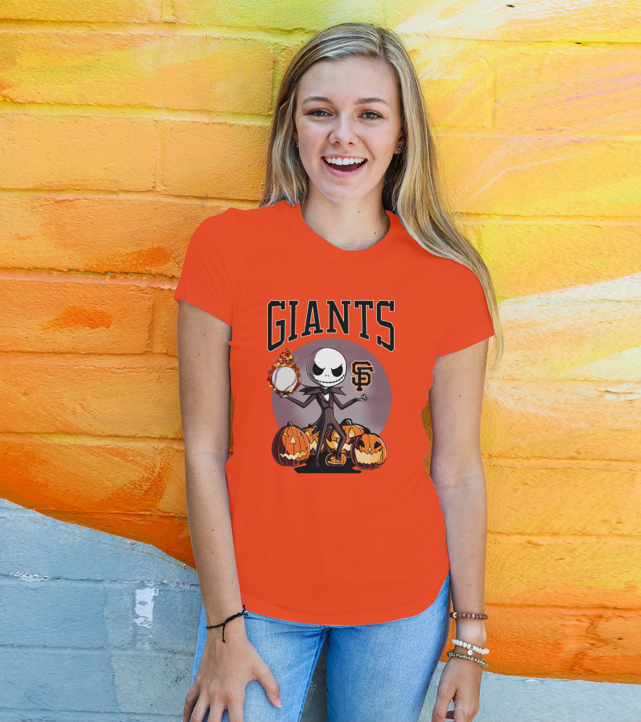 Giants Jack Skellington SF Logo Halloween Pumpkins Baseball T-Shirt