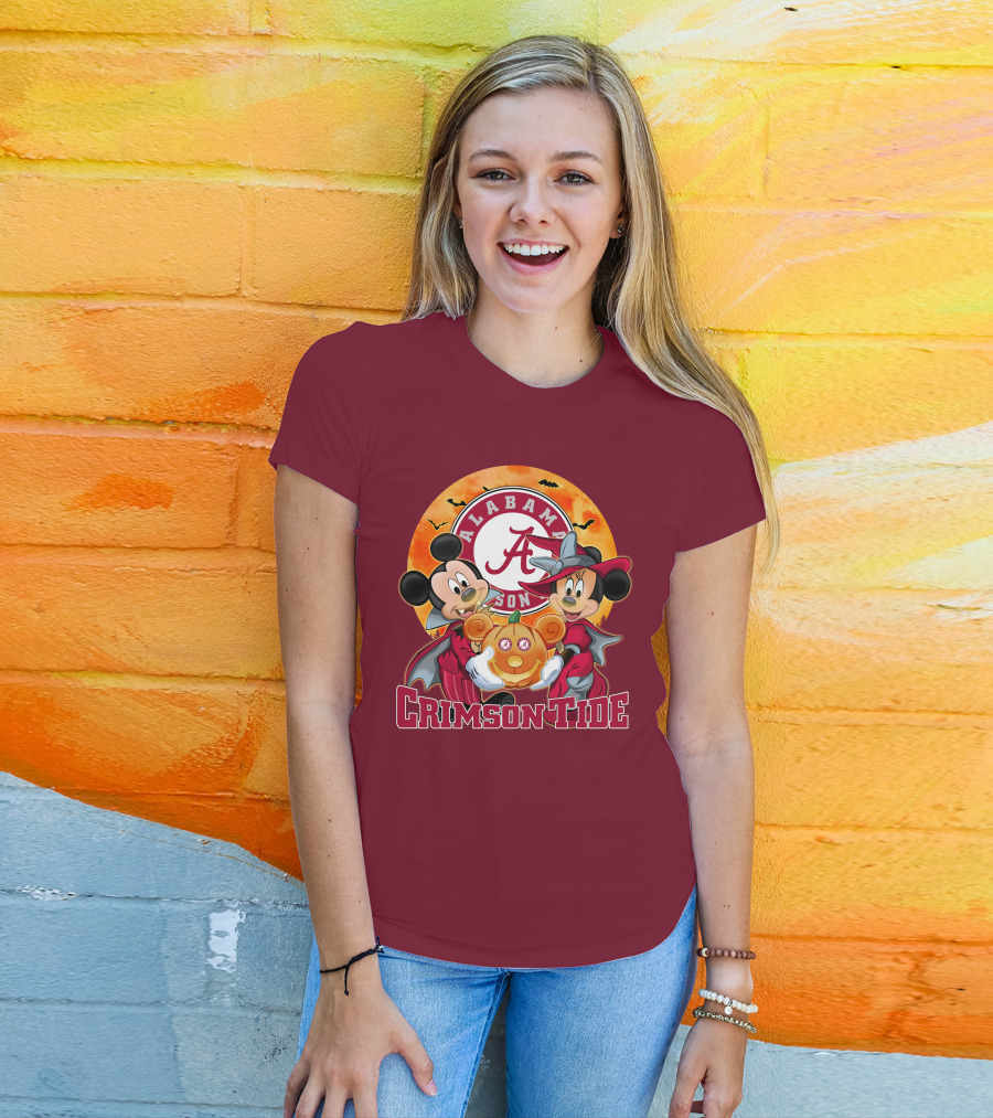 Alabama Crimson Tide Mickey Mouse Minnie Mouse Halloween Pumpkin Circle T-Shirt