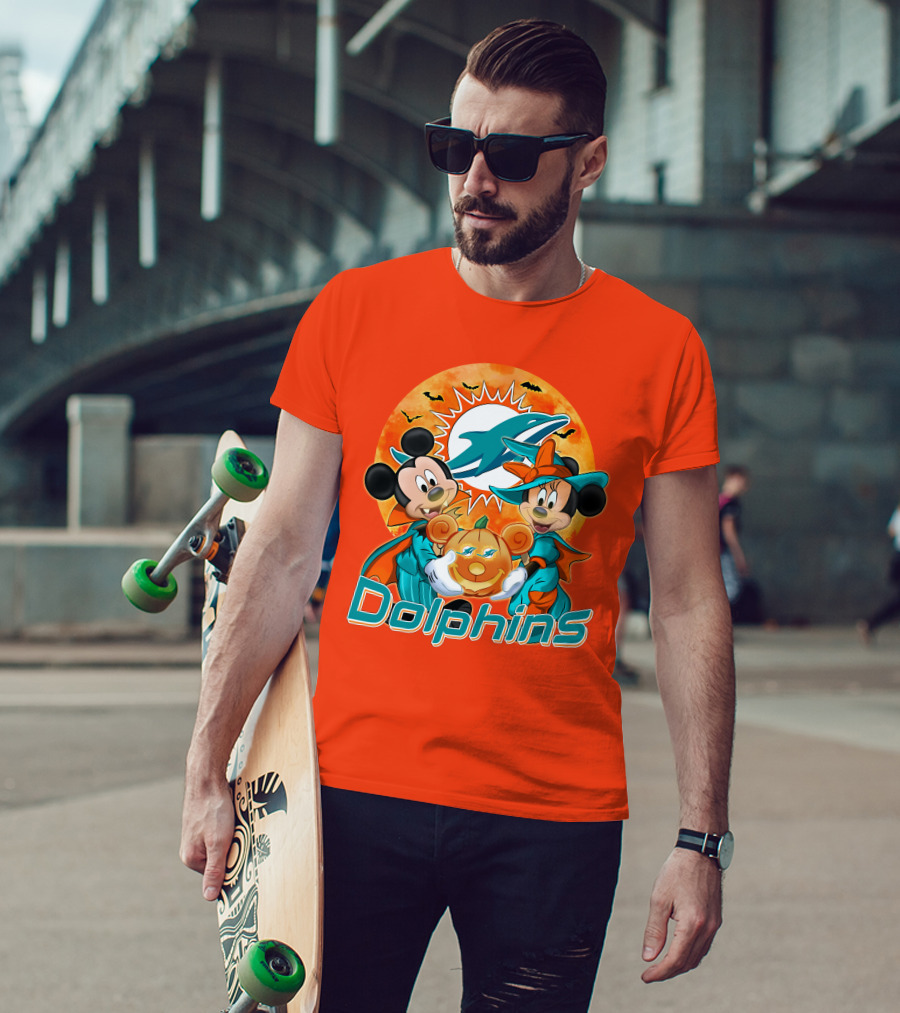 Miami Dolphins Mickey Minnie Halloween Pumpkin Bats T-Shirt