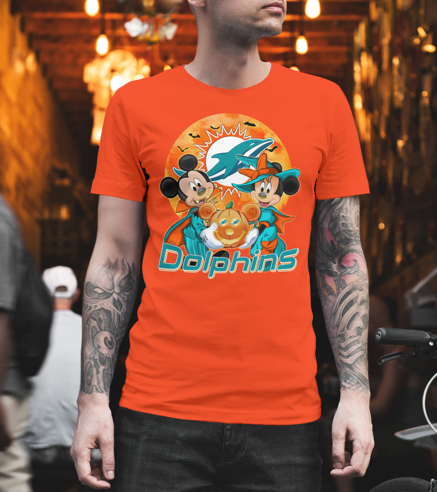 Miami Dolphins Mickey Minnie Halloween Pumpkin Bats T-Shirt