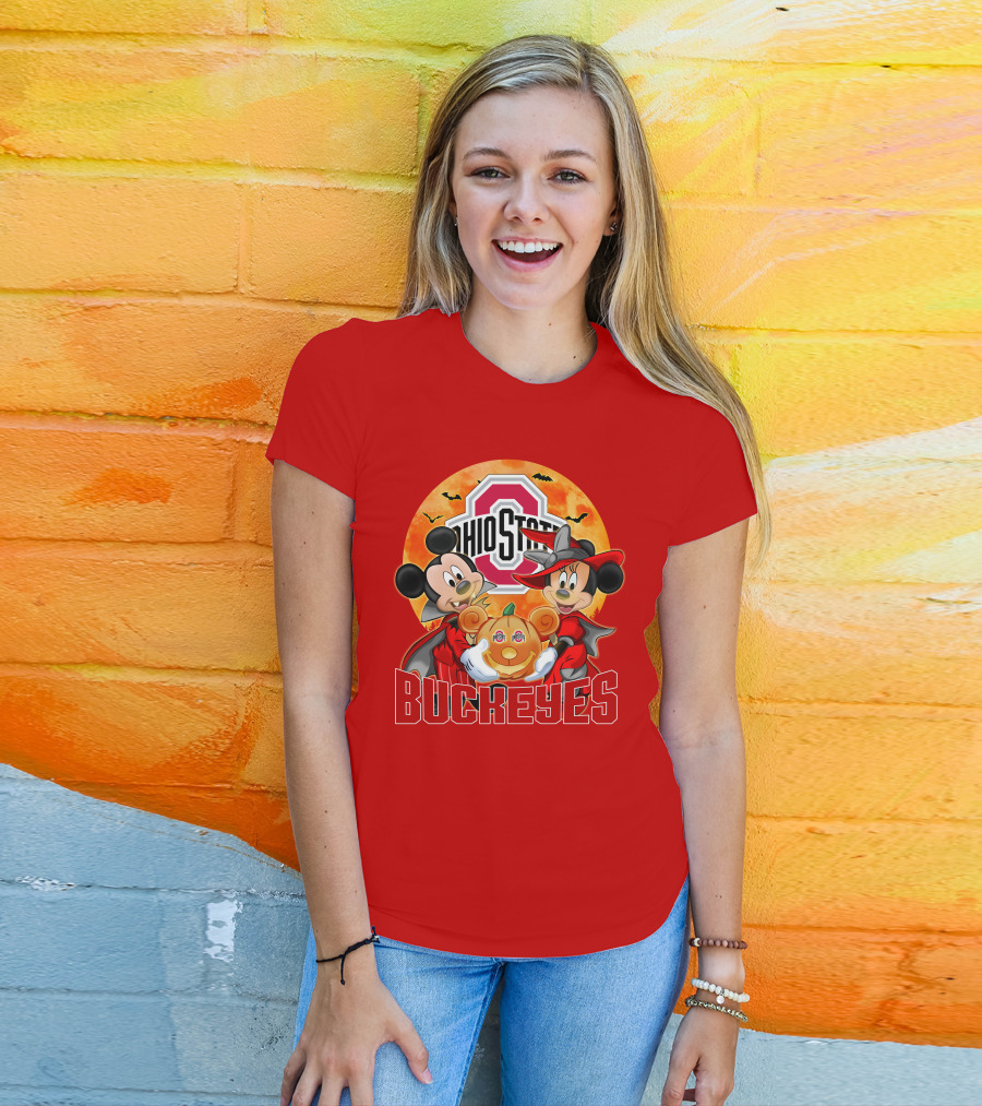 Ohio State Buckeyes Mickey Mouse Minnie Mouse Halloween Pumpkin T-Shirt