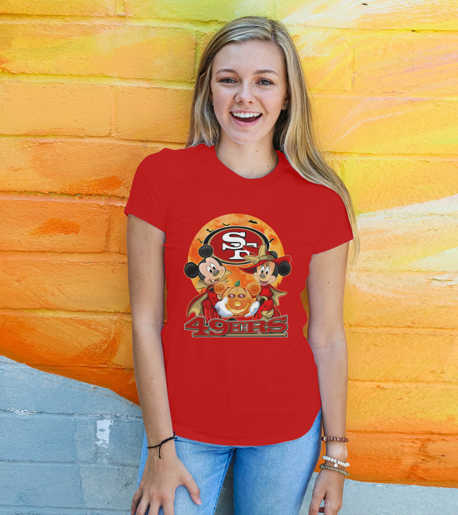 San Francisco 49ers Mickey Mouse Minnie Mouse Halloween Pumpkin T-Shirt