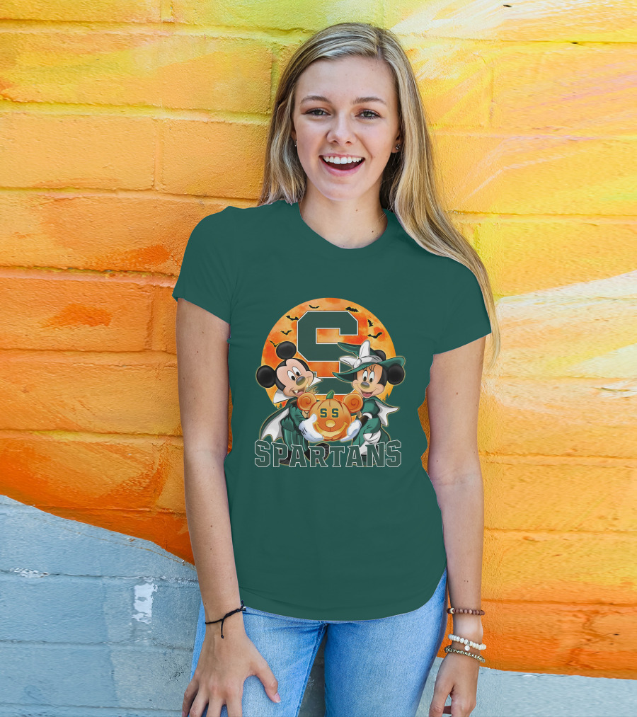 Michigan State Spartans Mickey Mouse Minnie Mouse Halloween Pumpkin Moon Bats T-Shirt