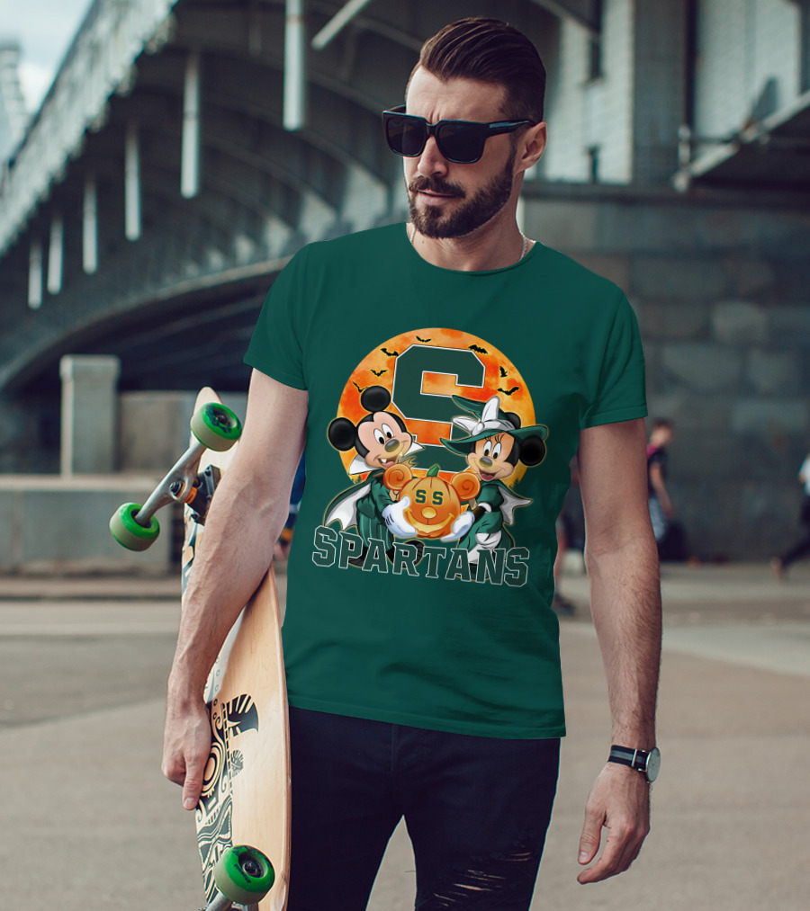 Michigan State Spartans Mickey Mouse Minnie Mouse Halloween Pumpkin Moon Bats T-Shirt