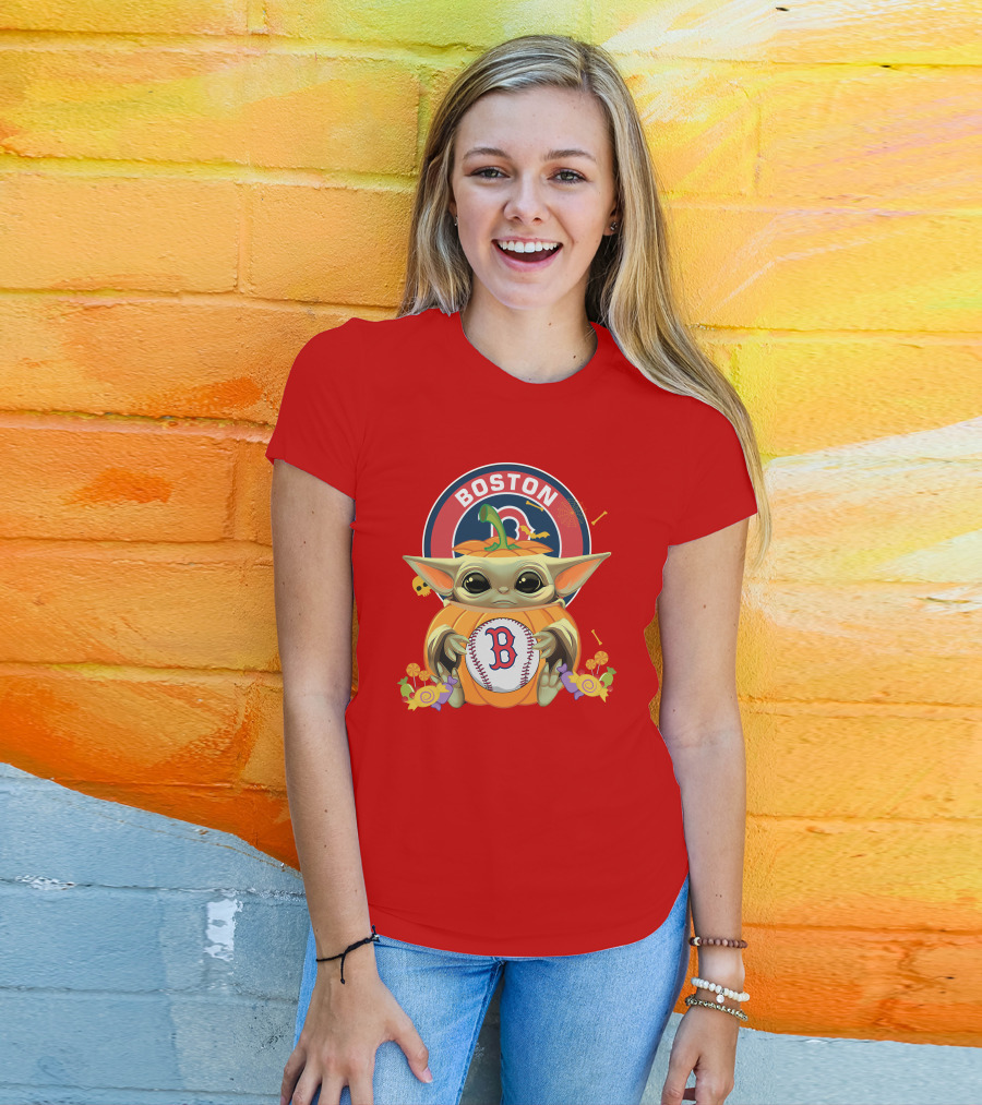 Boston Red Sox Halloween Baby Yoda Pumpkin Hug T-Shirt