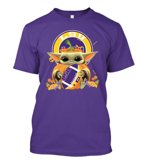LSU Tigers Halloween Pumpkin Baby Yoda Hug Football T-Shirt