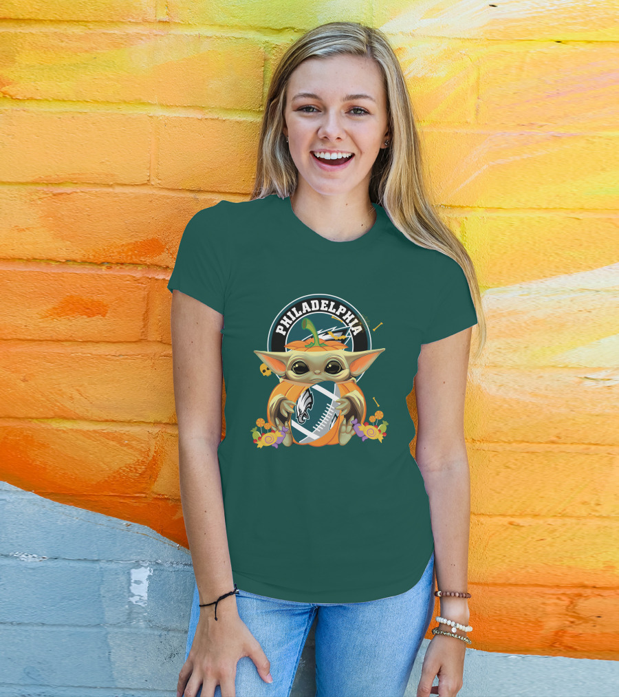 Halloween Pumpkin Baby Yoda Holding Philadelphia Eagles Football T-Shirt