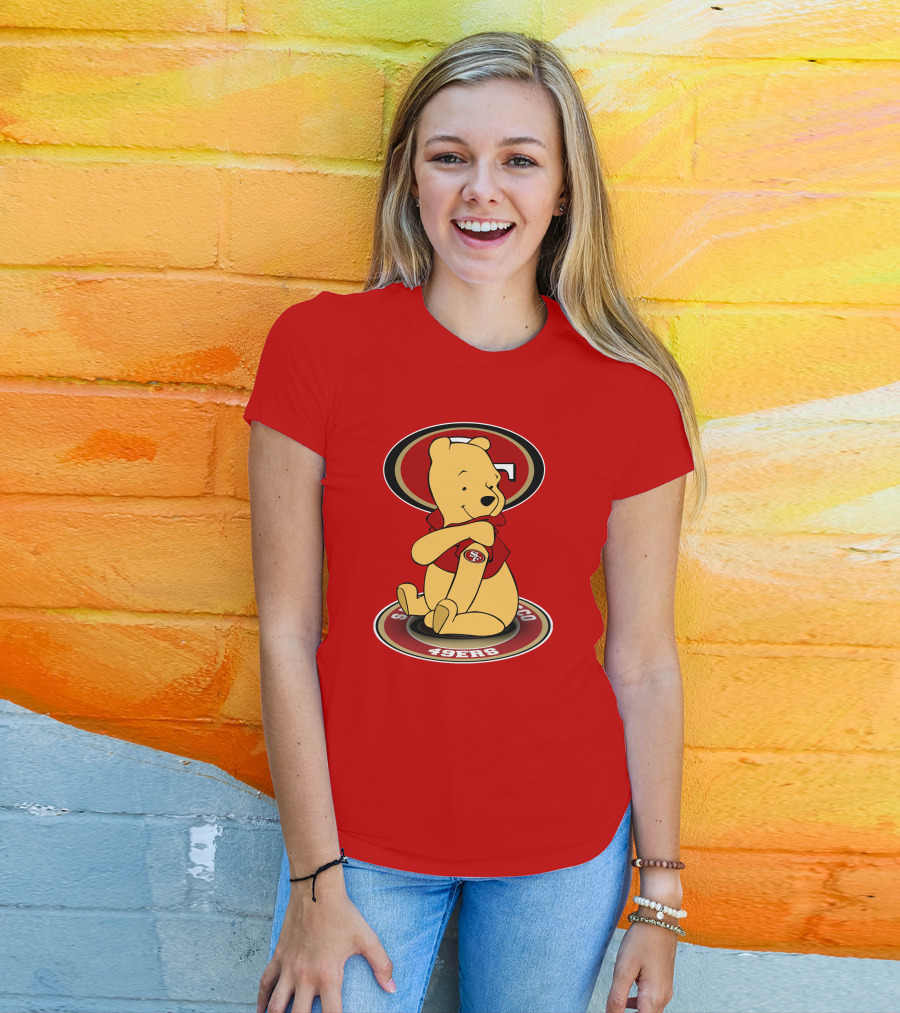 San Francisco 49ers Winnie The Pooh Logo Sitting With SF Patch T-Shirt