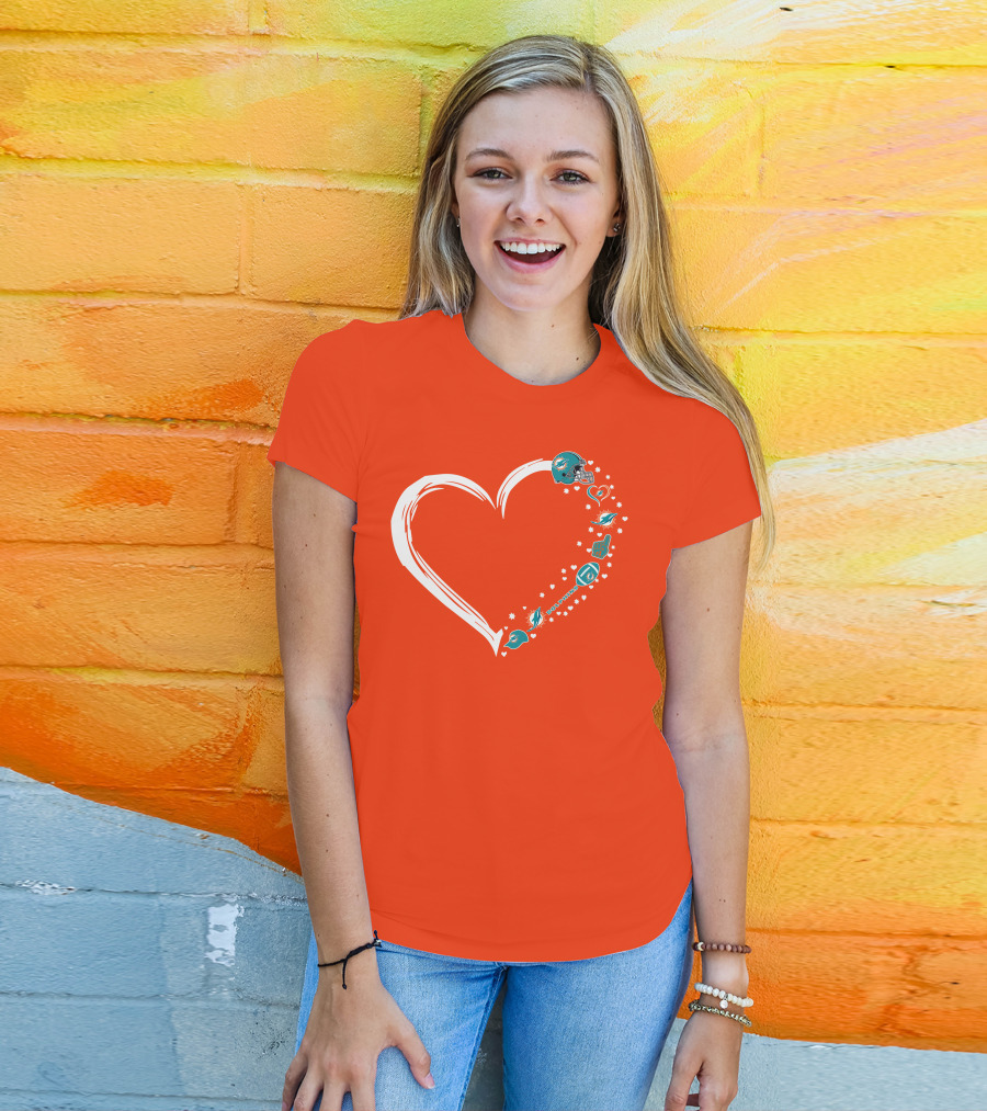 Miami Dolphins Heart Design With Helmets T-Shirt
