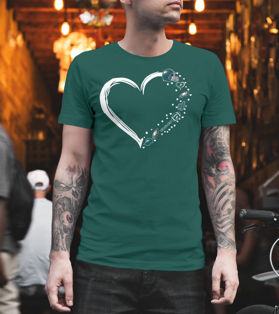 Philadelphia Eagles Heart Design With Logo And Helmet Elements T-Shirt