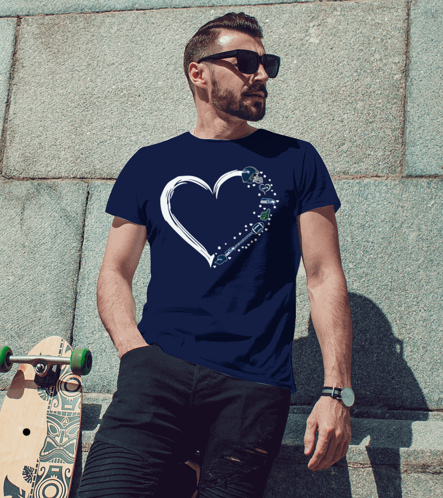 Seattle Seahawks Love Heart With Helmet And Football Symbols T-Shirt