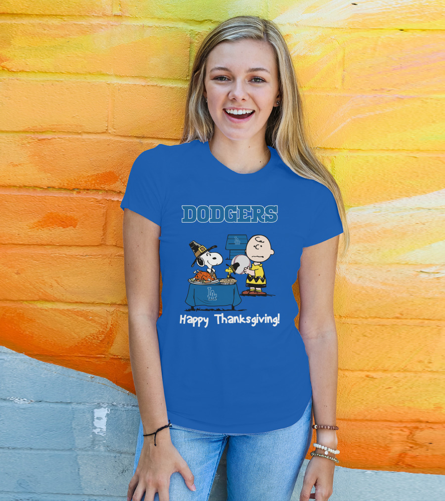 Dodgers Snoopy Charlie Brown Happy Thanksgiving Baseball LA T-Shirt