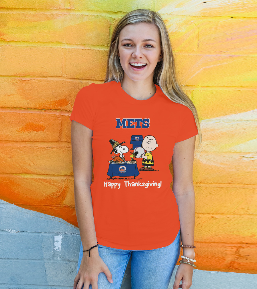 Mets Snoopy Charlie Brown Happy Thanksgiving Baseball Feast T-Shirt