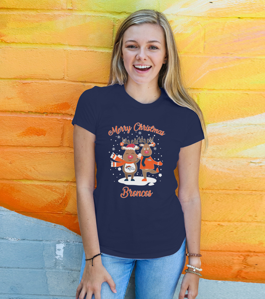 Merry Christmas Broncos Reindeer Snowflakes T-Shirt