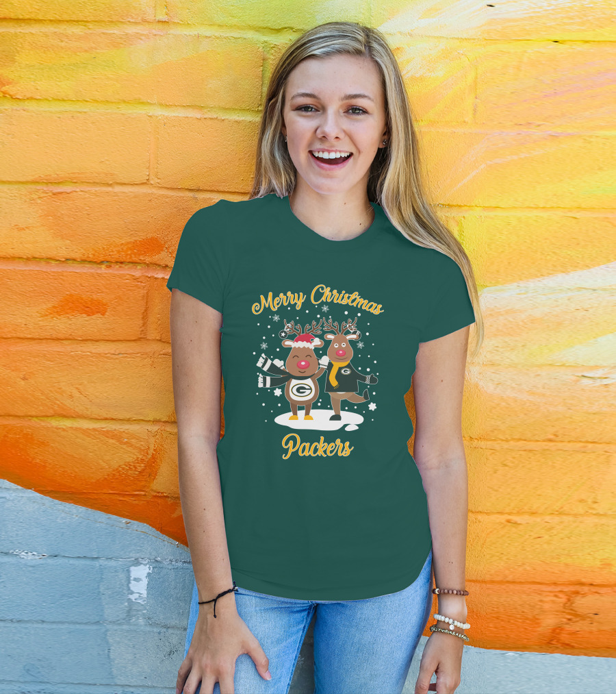 Merry Christmas Packers Reindeer With Green Bay Logo Winter Scene T-Shirt