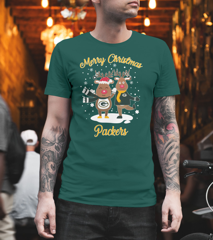 Merry Christmas Packers Reindeer with Green Bay Logo Winter Scene T-Shirt