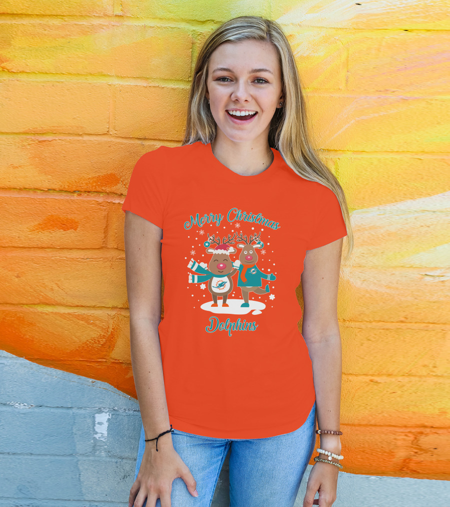 Merry Christmas Dolphins Reindeer Snowflakes T-Shirt