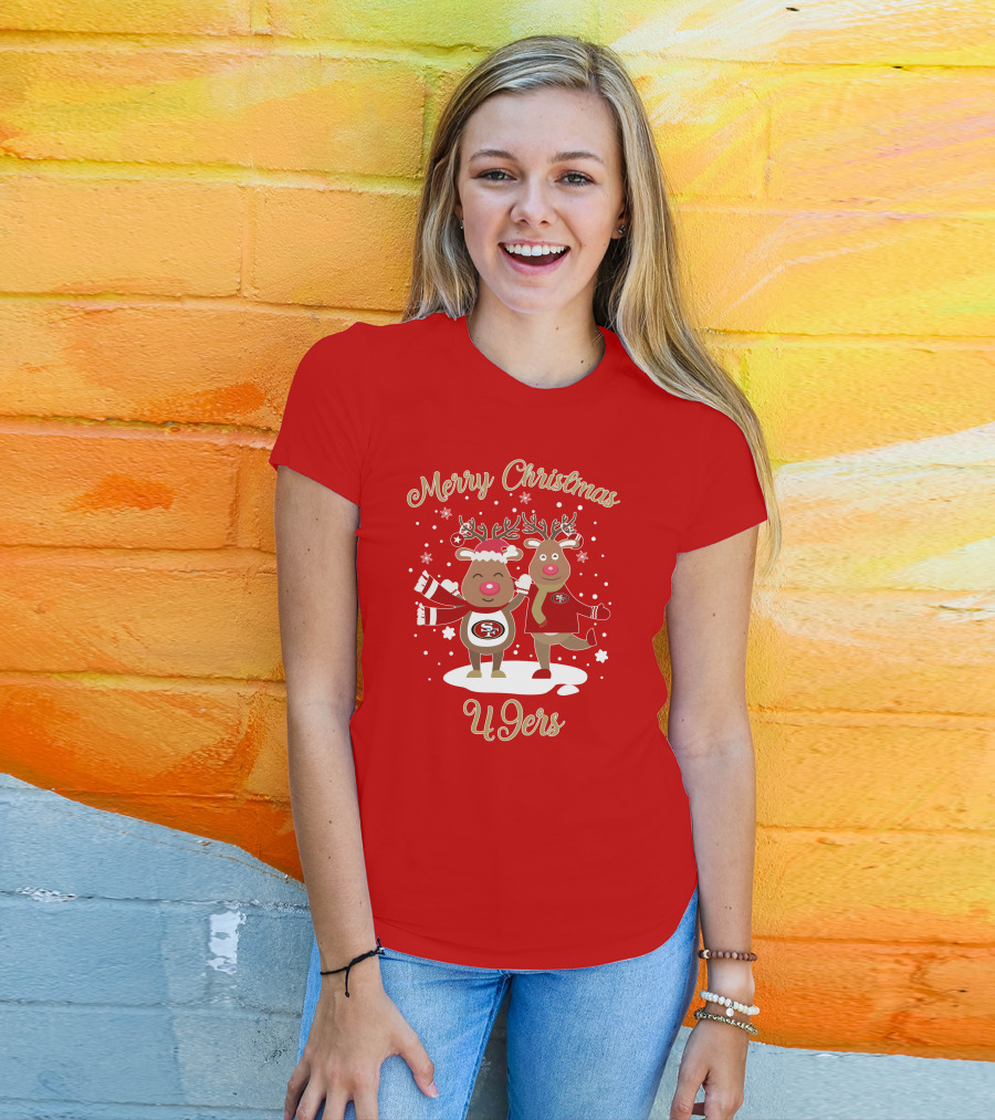 Merry Christmas 49ers Reindeer Festive Holiday T-Shirt