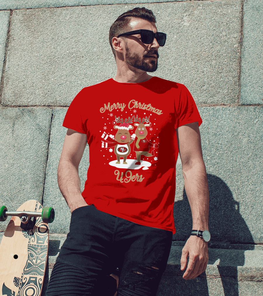 Merry Christmas 49ers Reindeer Festive Holiday T-Shirt