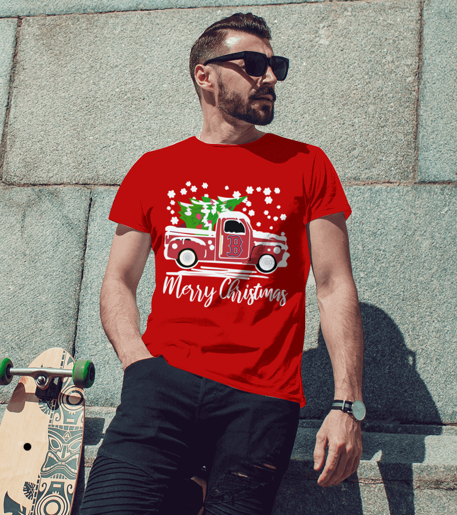 Boston Red Sox B Vintage Car Merry Christmas Tree Snowflakes T-Shirt