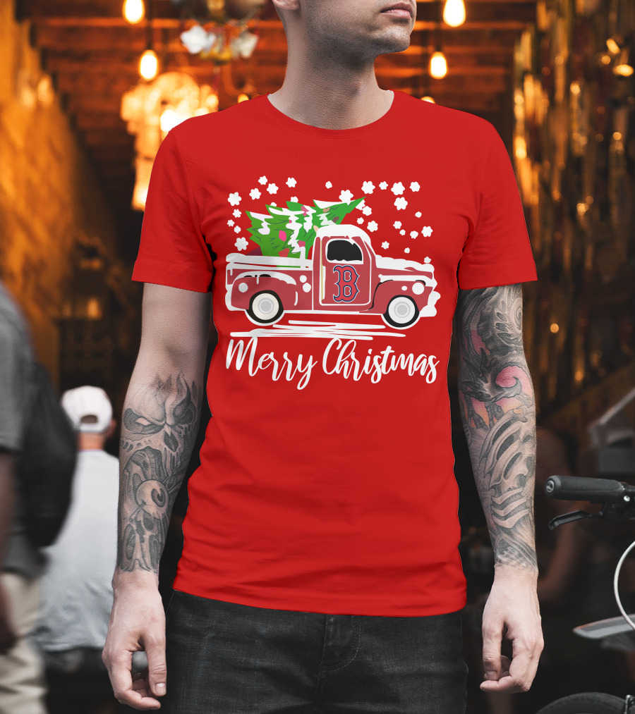 Boston Red Sox B Vintage Car Merry Christmas Tree Snowflakes T-Shirt