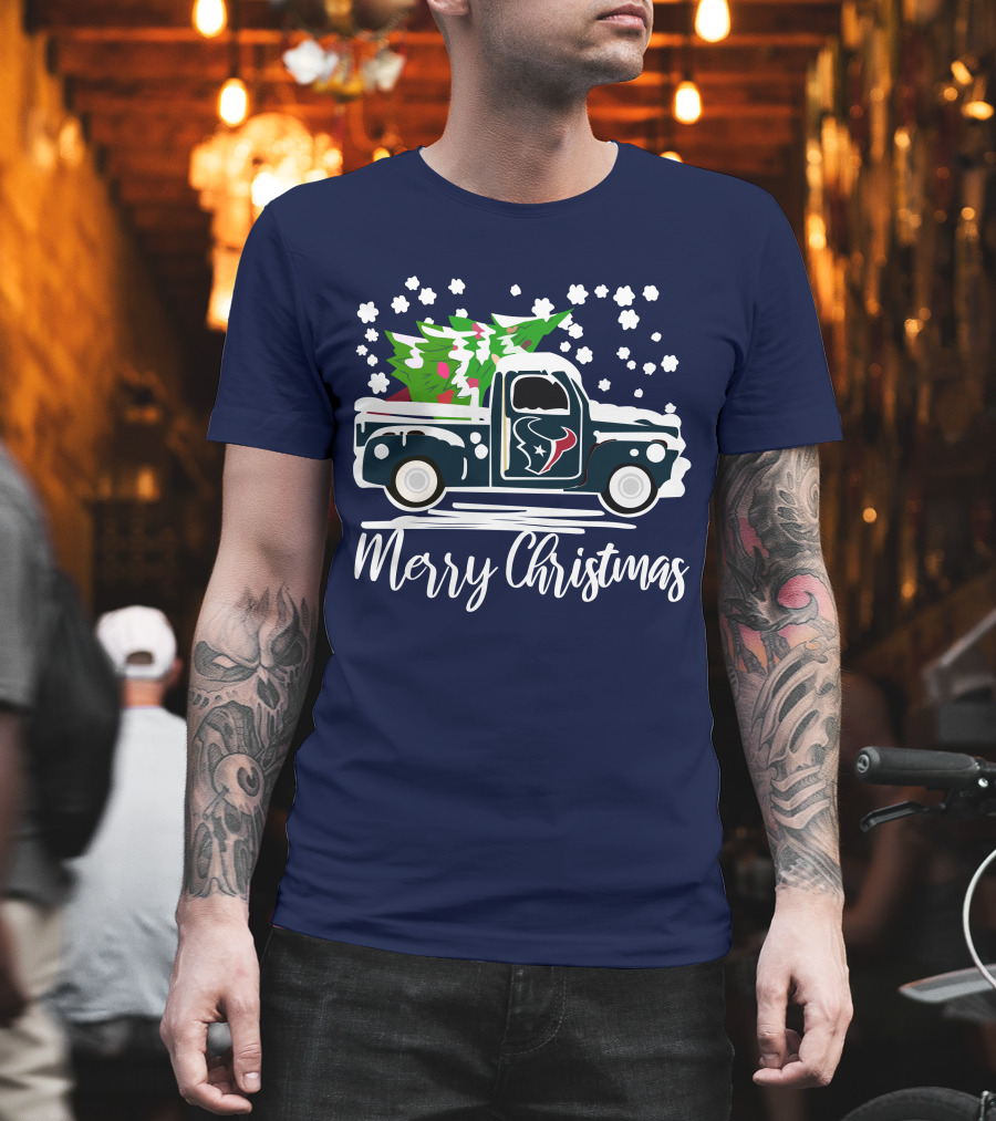 Houston Texans Merry Christmas Vintage Car With Christmas Tree T-Shirt