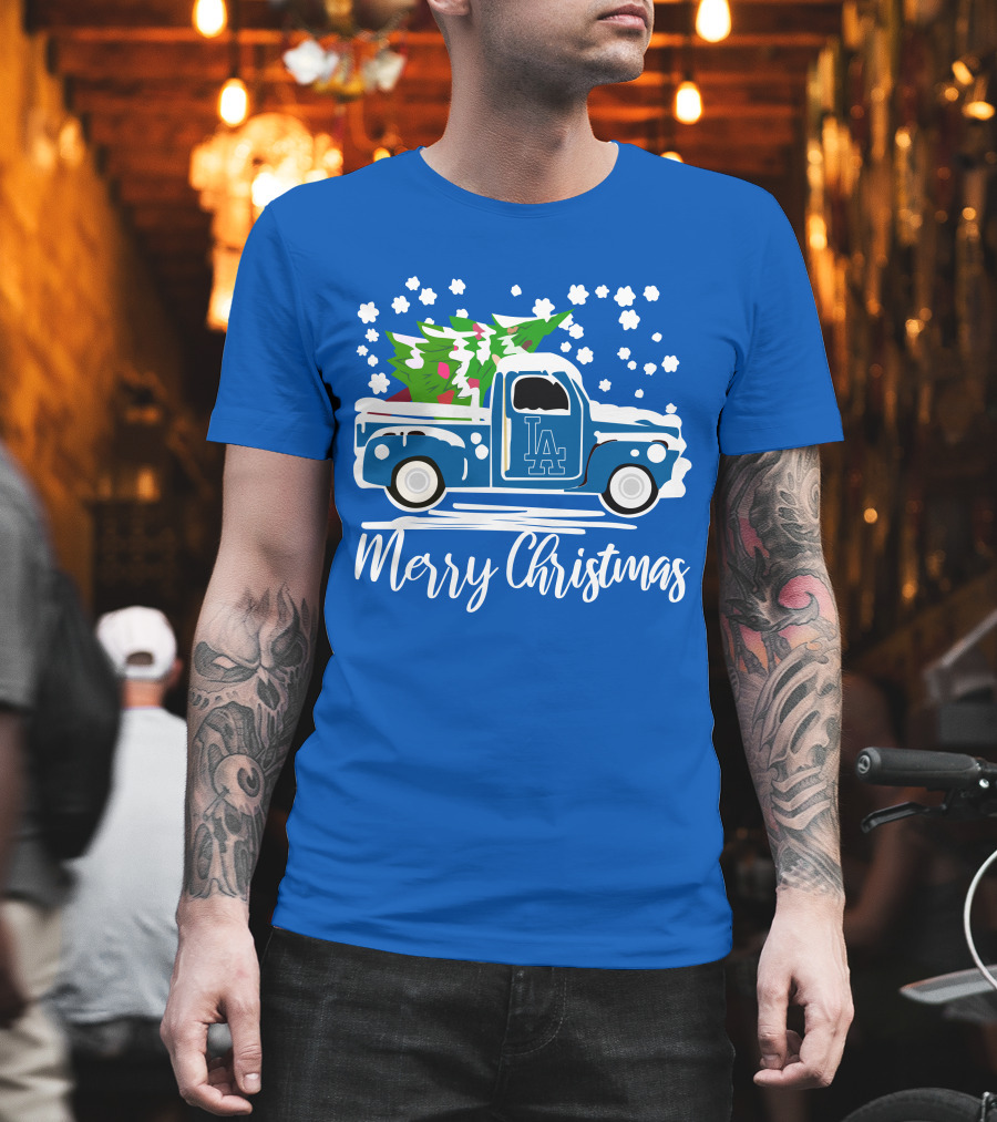 Los Angeles Dodgers LA Vintage Car Merry Christmas Snowflakes Tree T-Shirt