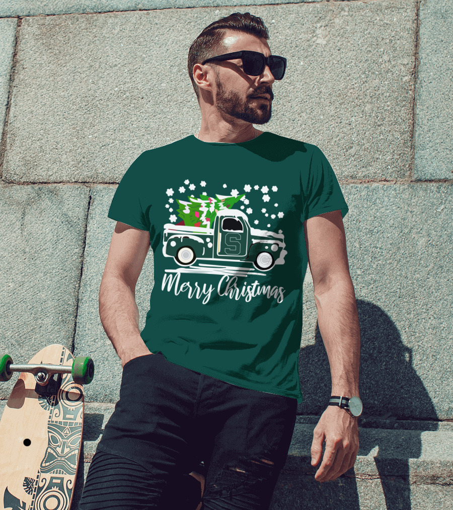 Merry Christmas Michigan State Spartans Vintage Car With Christmas Tree T-Shirt