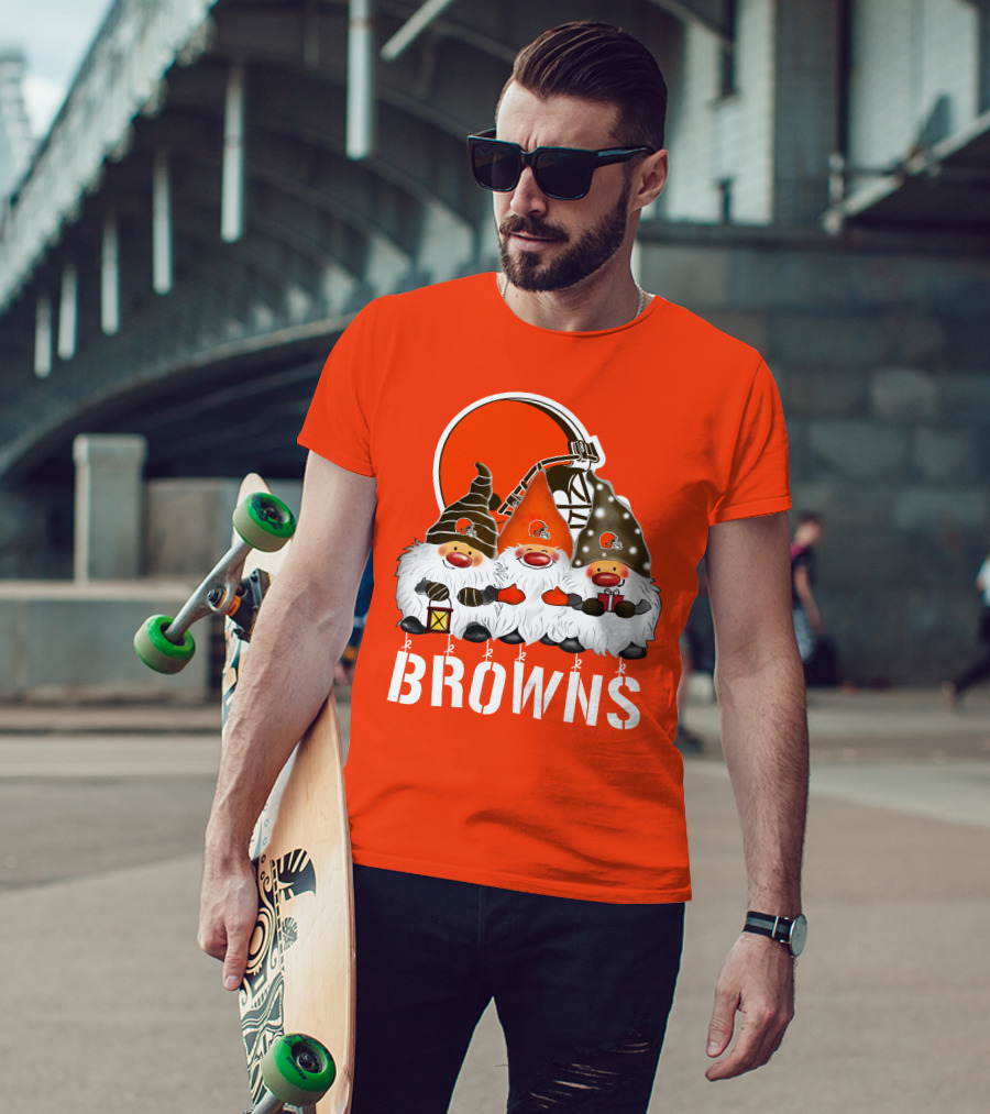 Cleveland Browns Merry Christmas Happy Holidays With Gnome Trio And Football Helmets T-Shirt