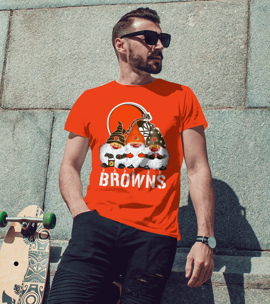 Cleveland Browns Merry Christmas Happy Holidays With Gnome Trio And Football Helmets T-Shirt