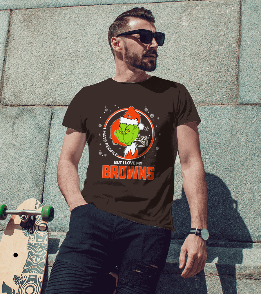 I Hate People But I Love My Cleveland Browns Grinch Santa Christmas T-Shirt