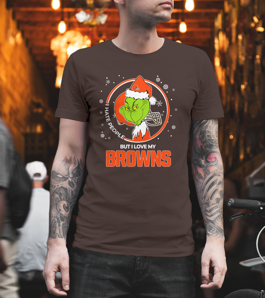 I Hate People But I Love My Cleveland Browns Grinch Santa Christmas T-Shirt