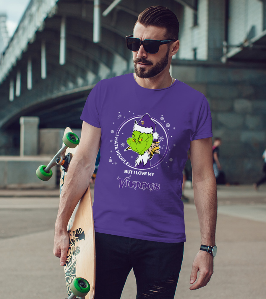 Christmas Grinch Santa I Hate People But I Love My Vikings T-Shirt
