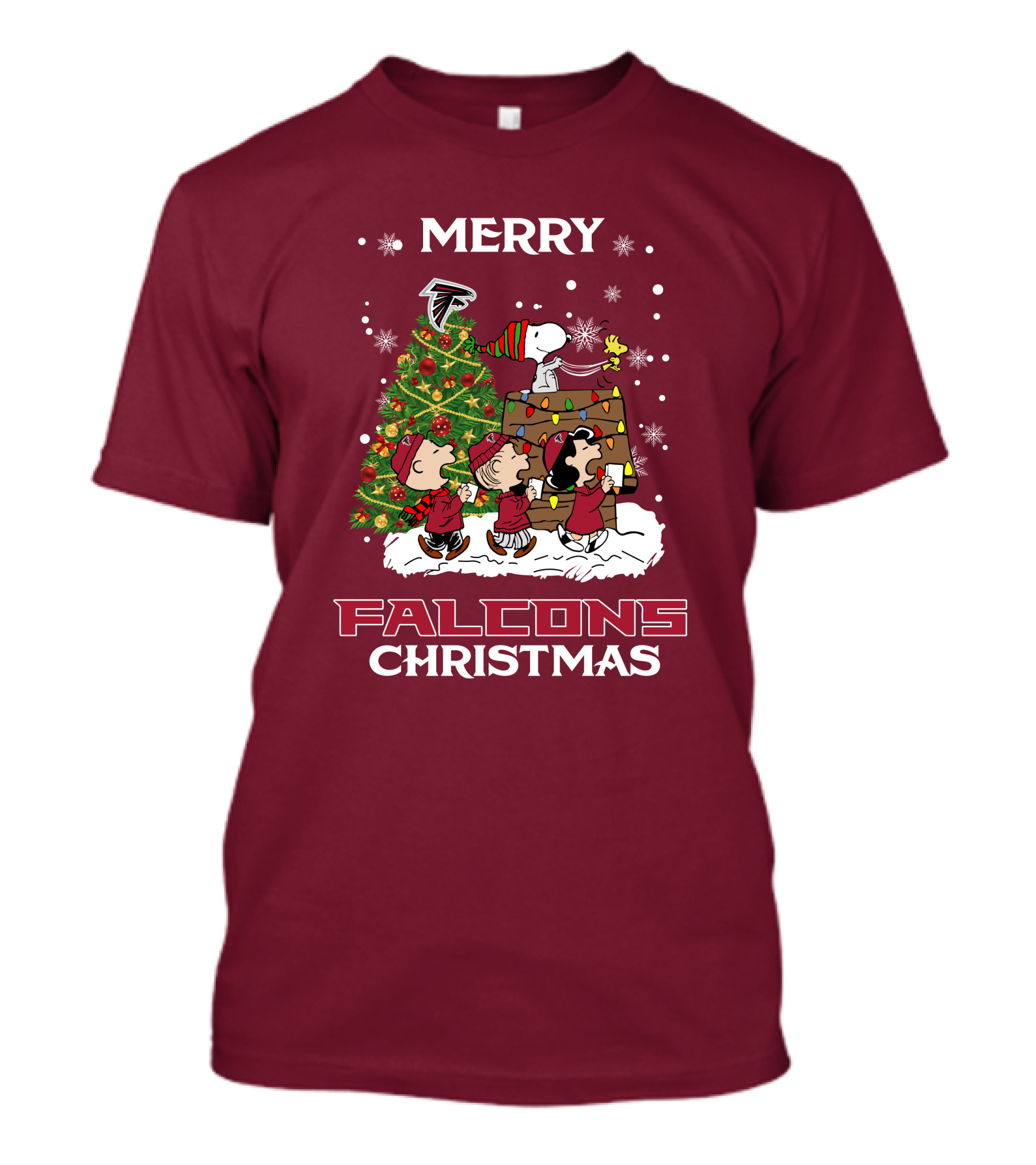 Merry Falcons Christmas Peanuts Tree Atlanta Snowflakes T-Shirt