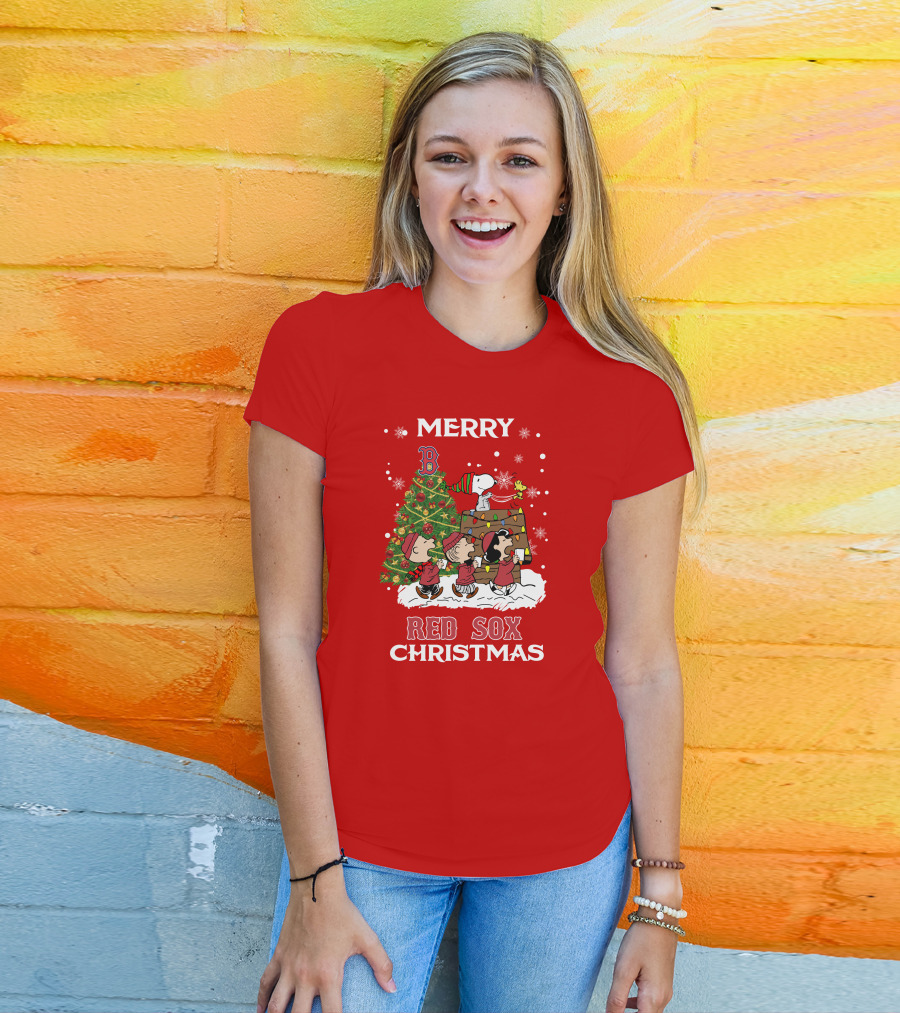 Merry Red Sox Christmas Tree With Snoopy And Friends T-Shirt