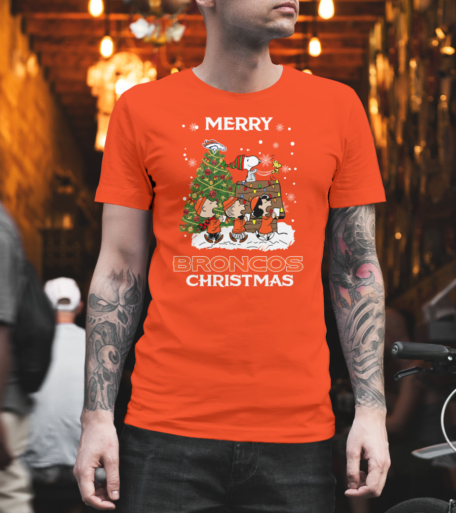 Merry Broncos Christmas Peanuts Tree Theme T-Shirt
