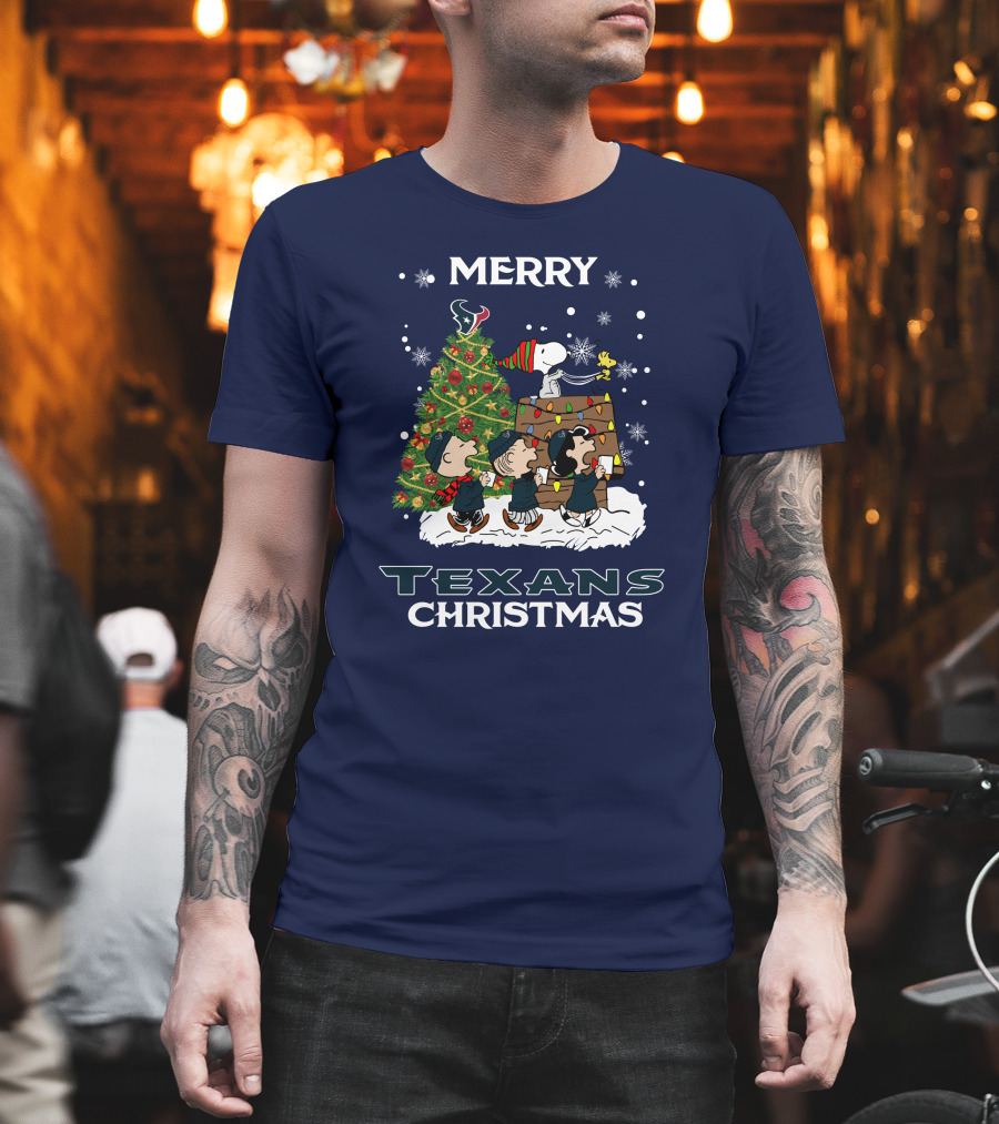 Merry Texans Christmas Peanuts Tree With Snoopy And Houston T-Shirt