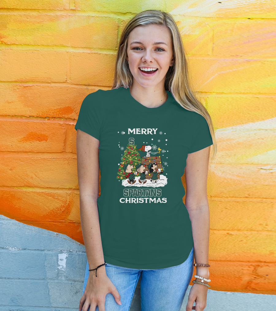Merry Spartans Christmas Michigan State Peanuts Christmas Tree T-Shirt